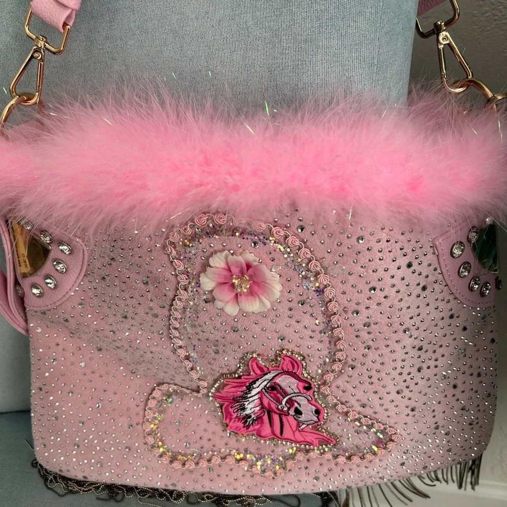Horse & Kitten Handmade Pink Tote Bag w Rhinestones & Boa  = New
